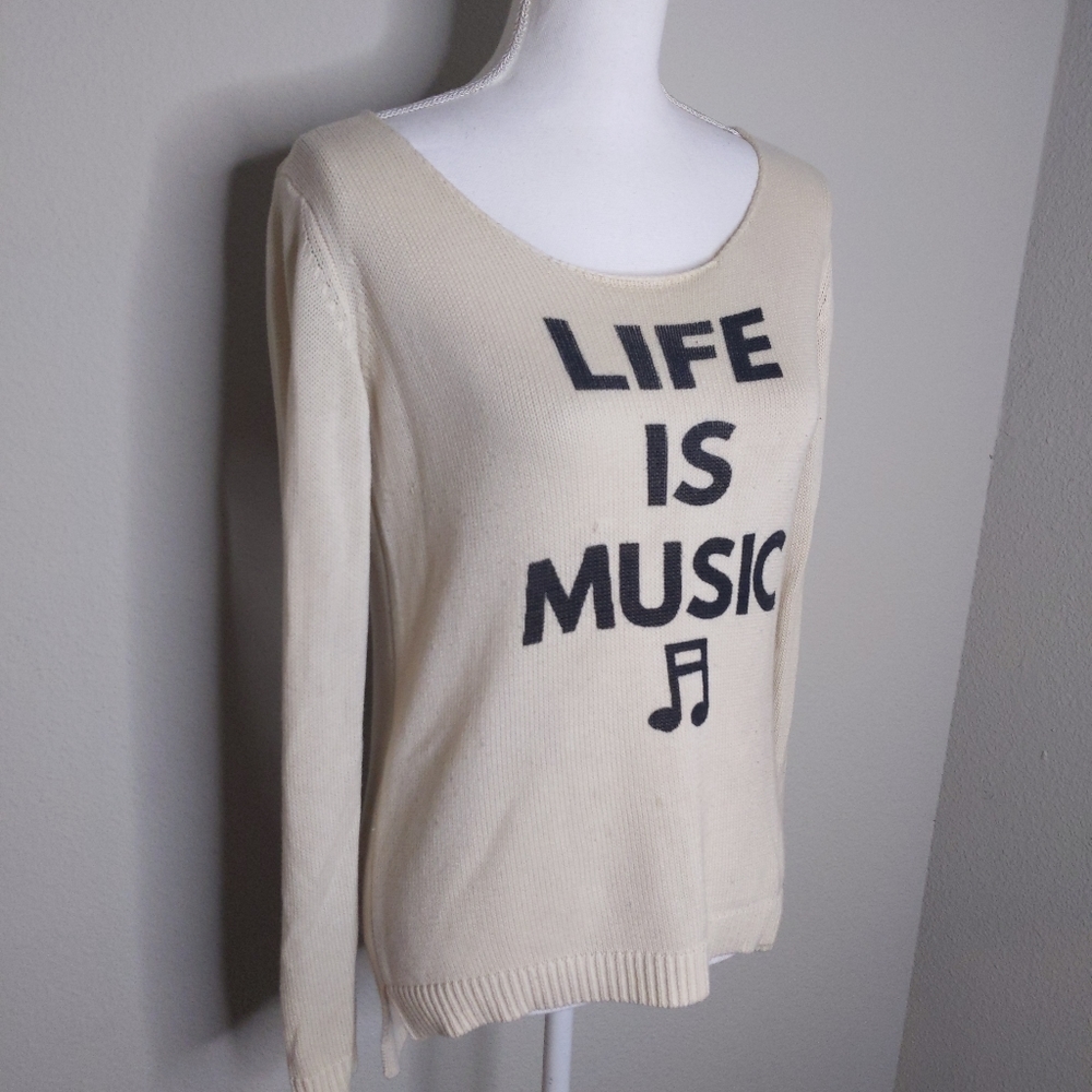 Hot Topic “Life Is Music” Beige Sweater Lace-Up Back Women’s Medium - Picture 10 of 11